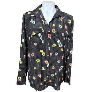 The Kooples Women's Silk Polka Dot Black Floral Long Sleeve Shirt Size M